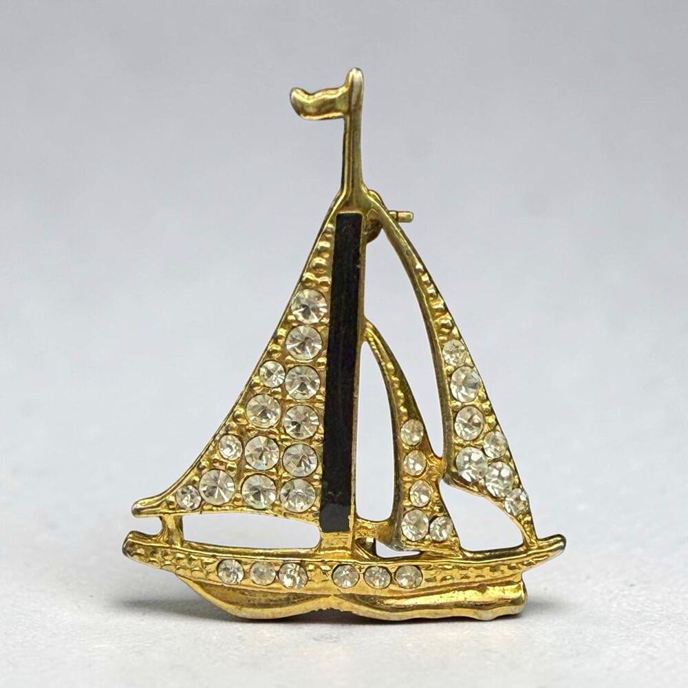 Vintage Gold Tone Rhinestone Sailboat Brooch Nautical Maritime Costume Jewelry